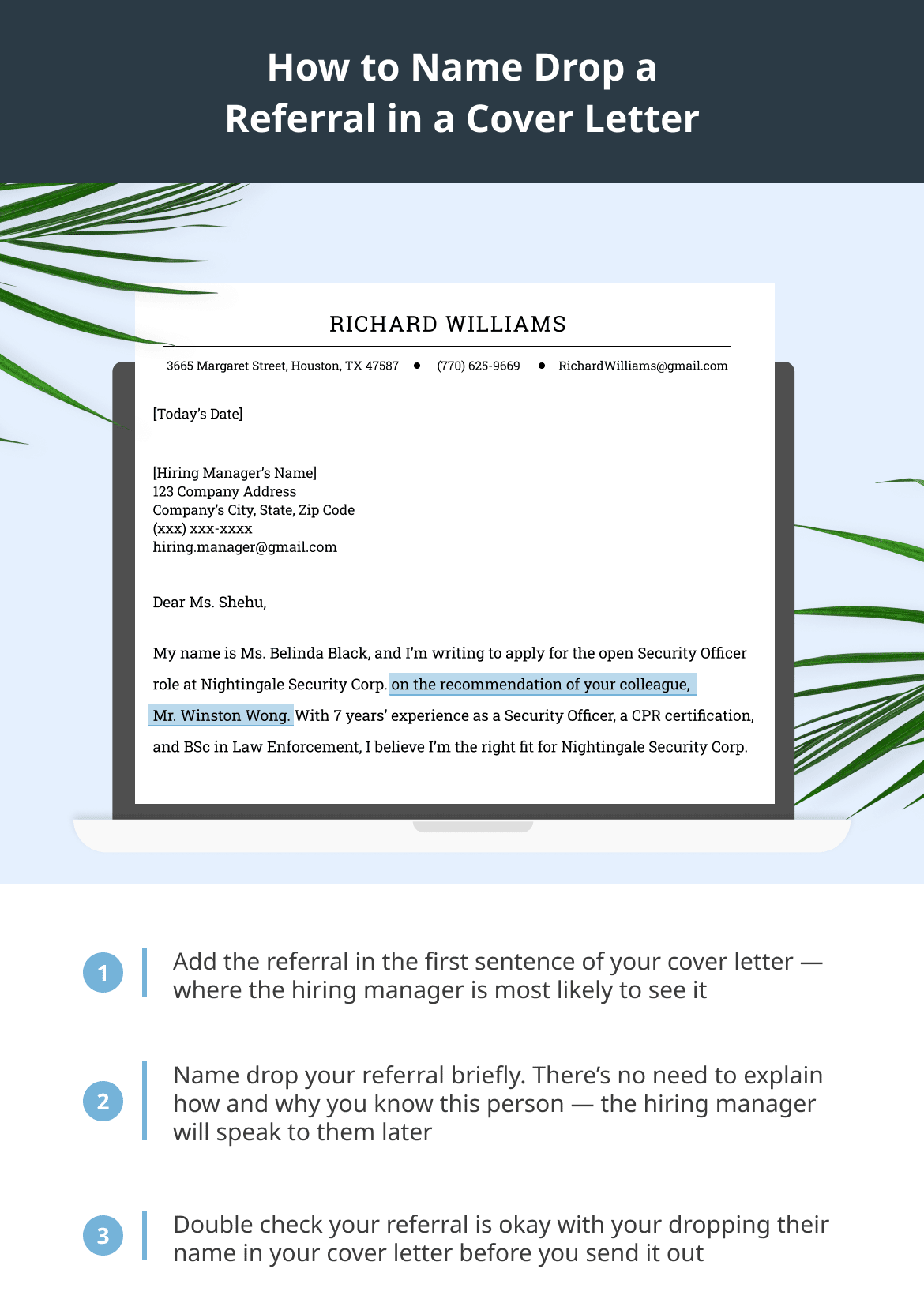 Infographic showing how to name drop a referral in a cover letter.