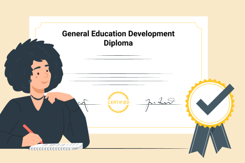 A cartoon person writing their resume with a large diploma in the background to illustrate how to put a GED on a resume