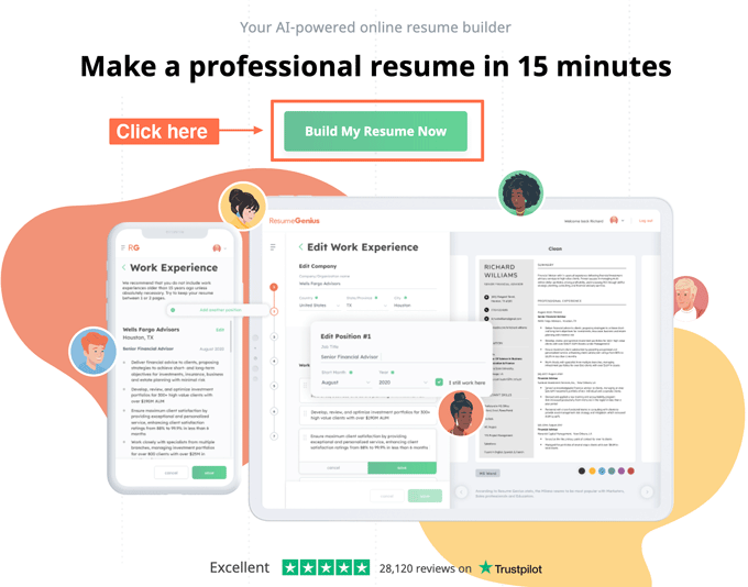 This screenshot shows you where to click to start building your resume. A screenshot of a resume generator with the start button highlighted orange to show how to start building a resume