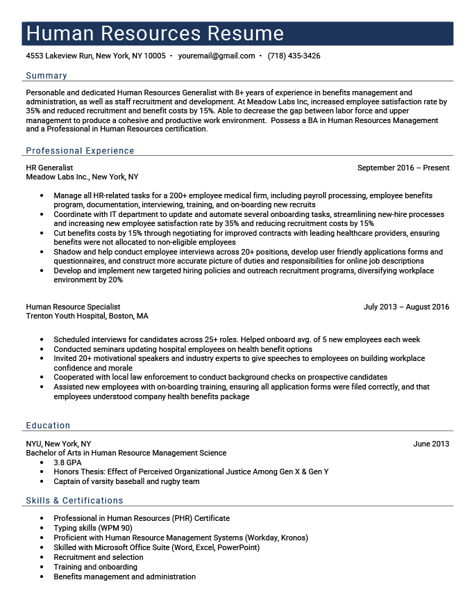 human resources resume for entry level