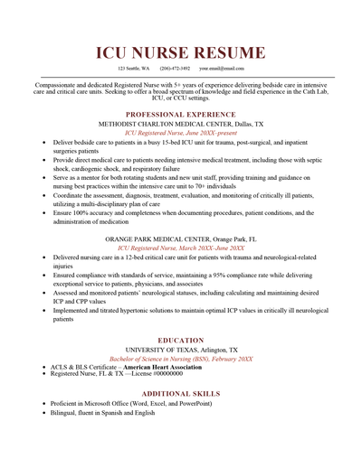 ICU Registered Nurse Resume Sample