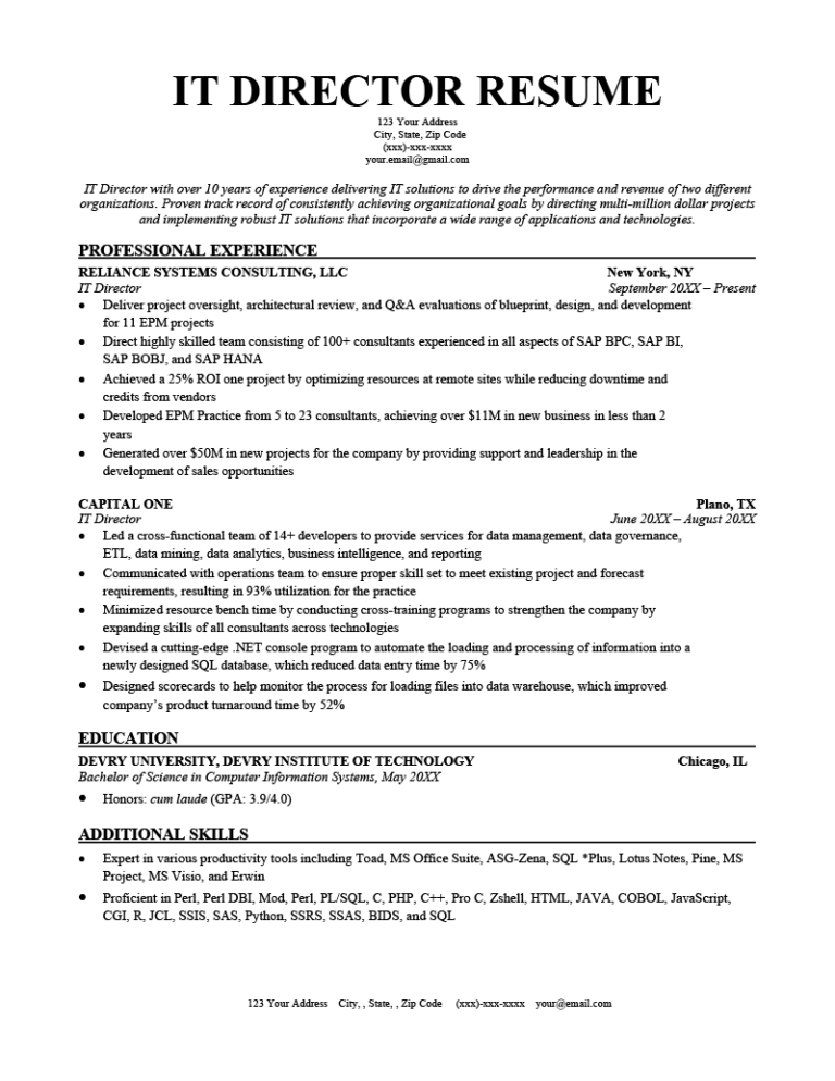 writing a resume for a director position
