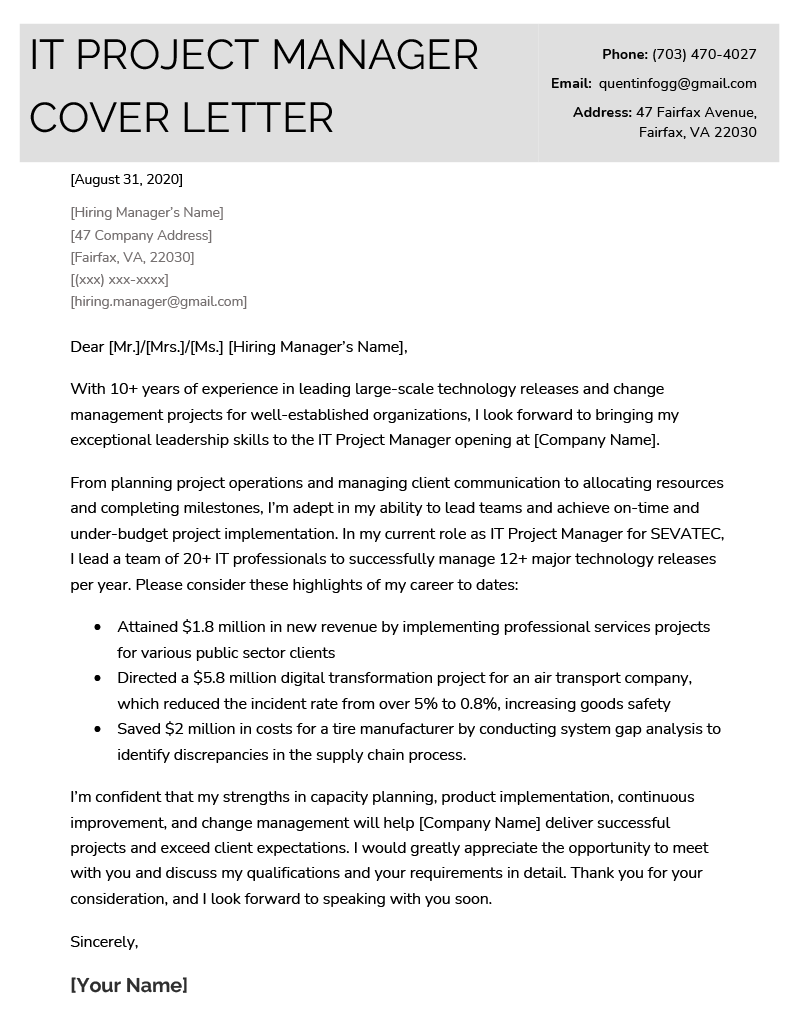IT Project Manager Cover Letter Example | Resume Genius