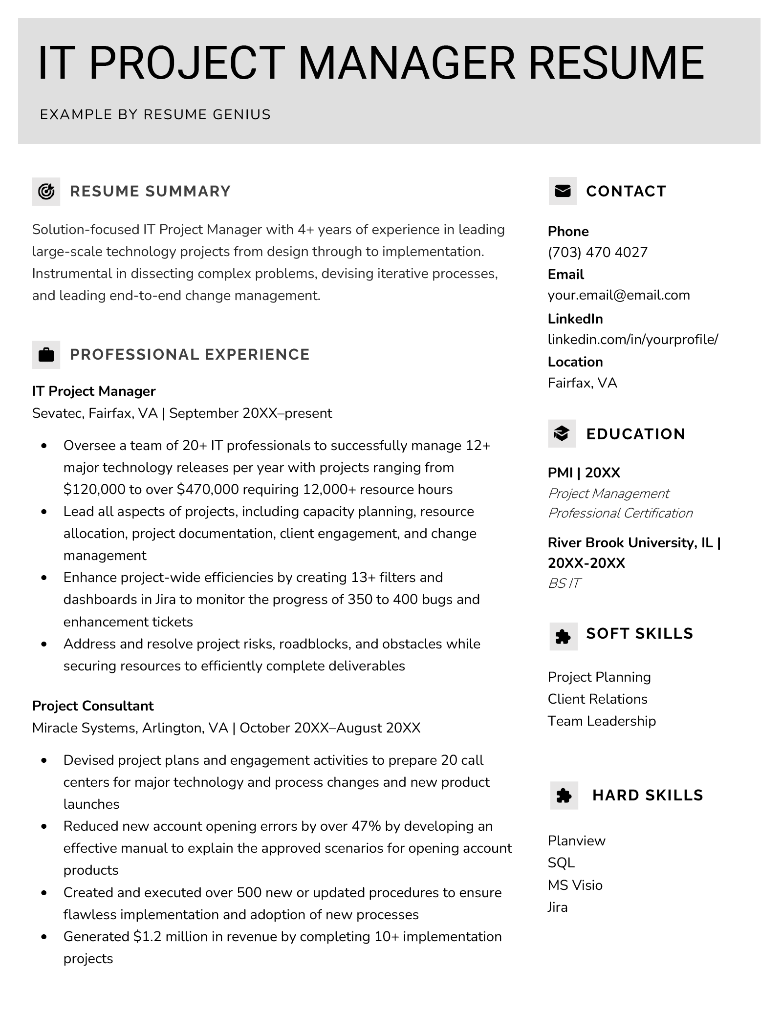 An IT project manager resume template with a gray header to make the applicant stand out