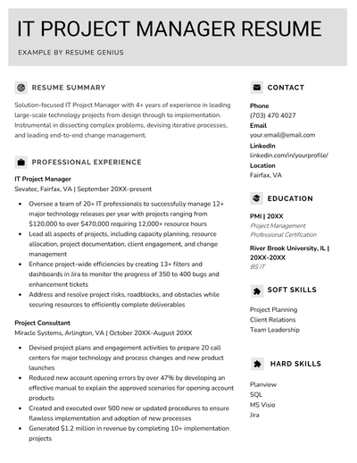 An IT project manager resume template with a gray header to make the applicant stand out