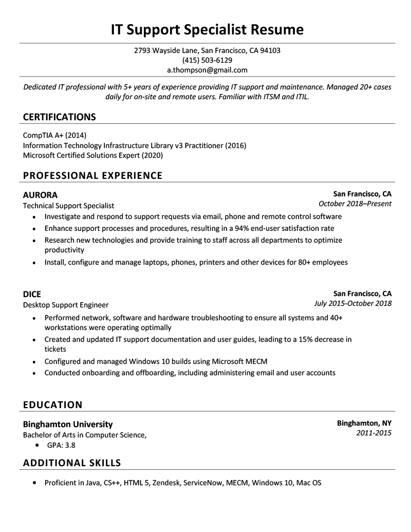 A sample resume for an IT Support Specialist