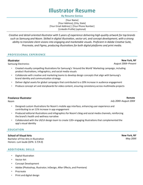 Clean and professional example of an illustrator resume