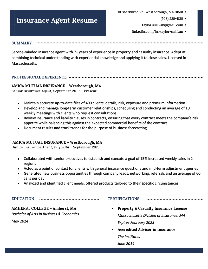 Sample resume for an insurance agent