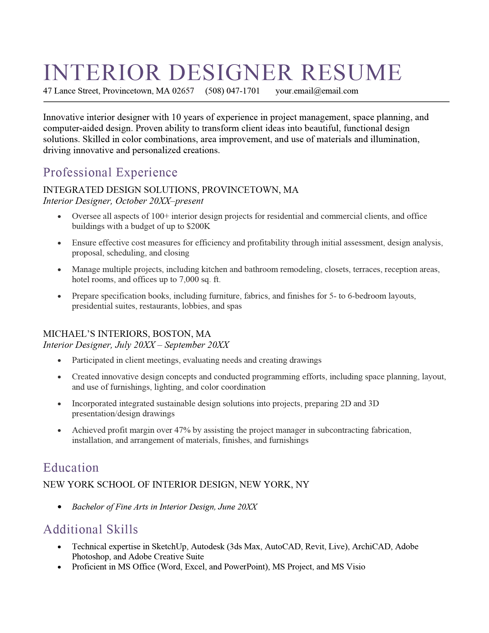 An example of an interior design resume.