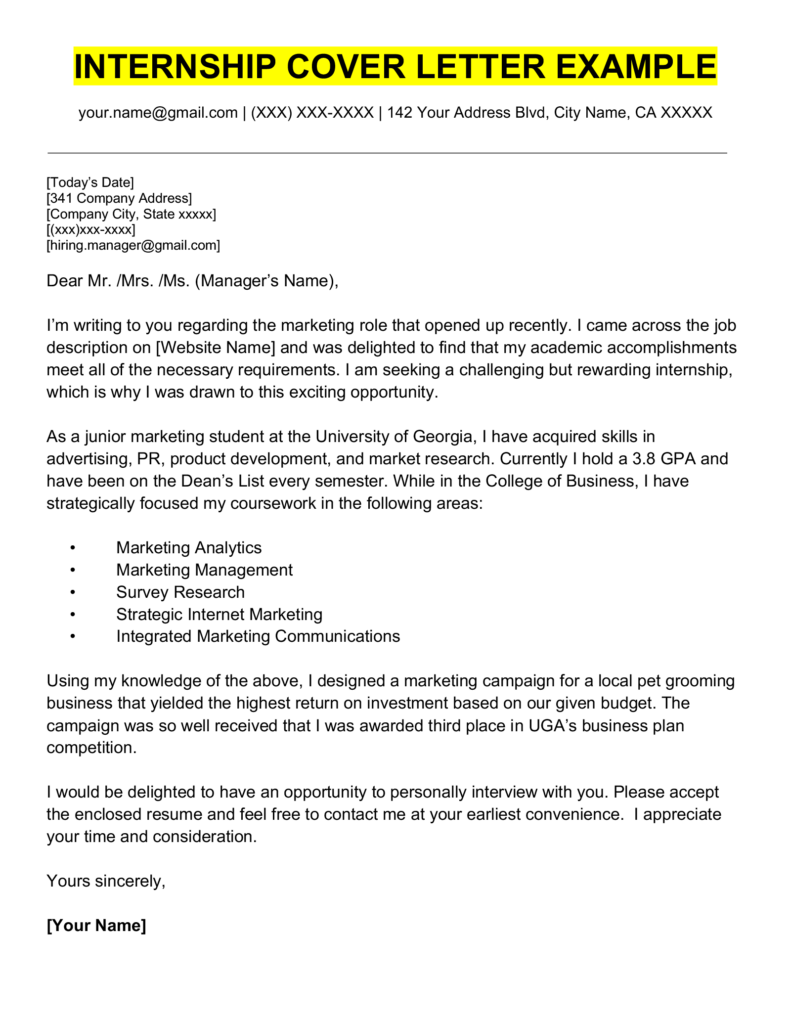 internship email cover letter sample