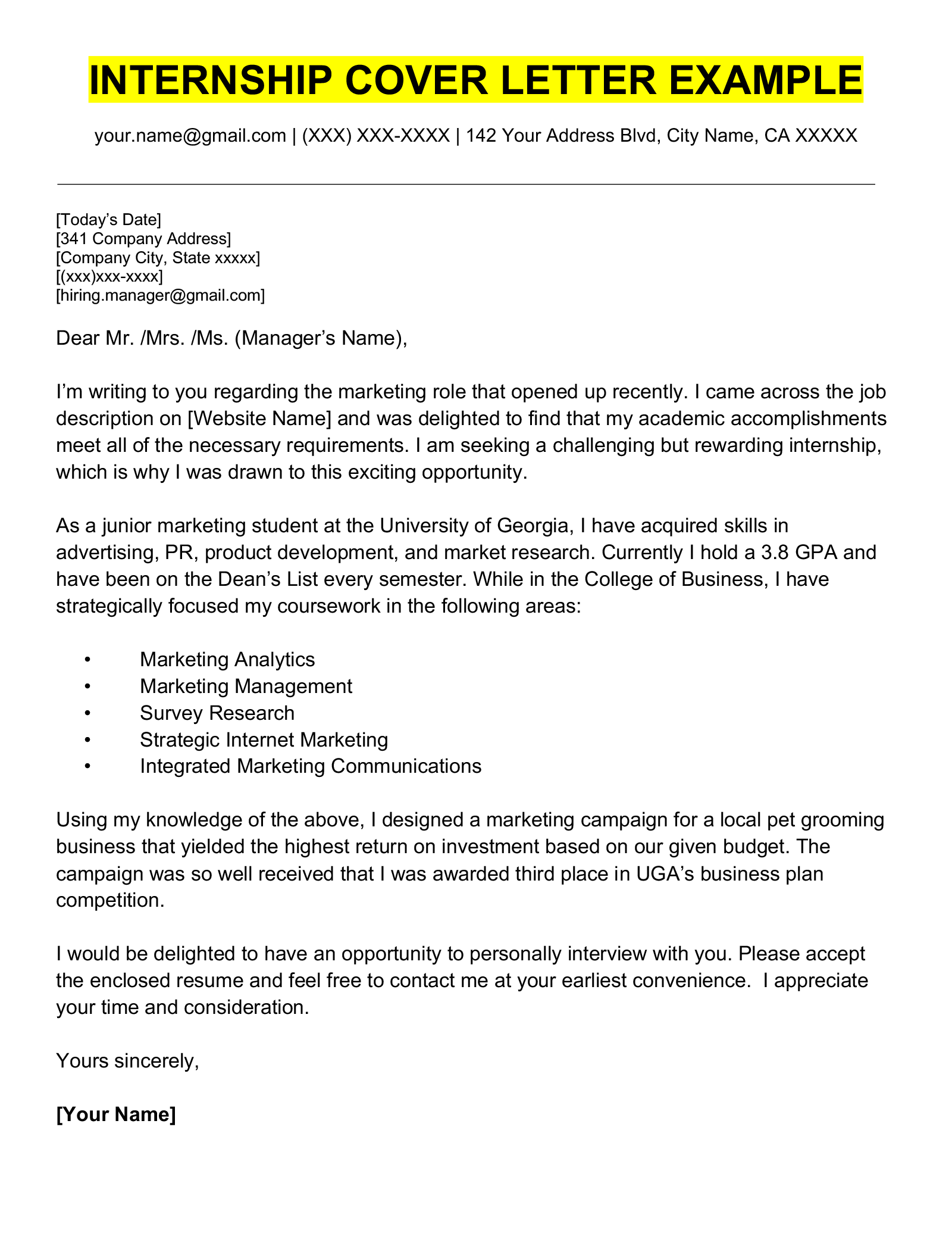 An example of a cover letter for an internship