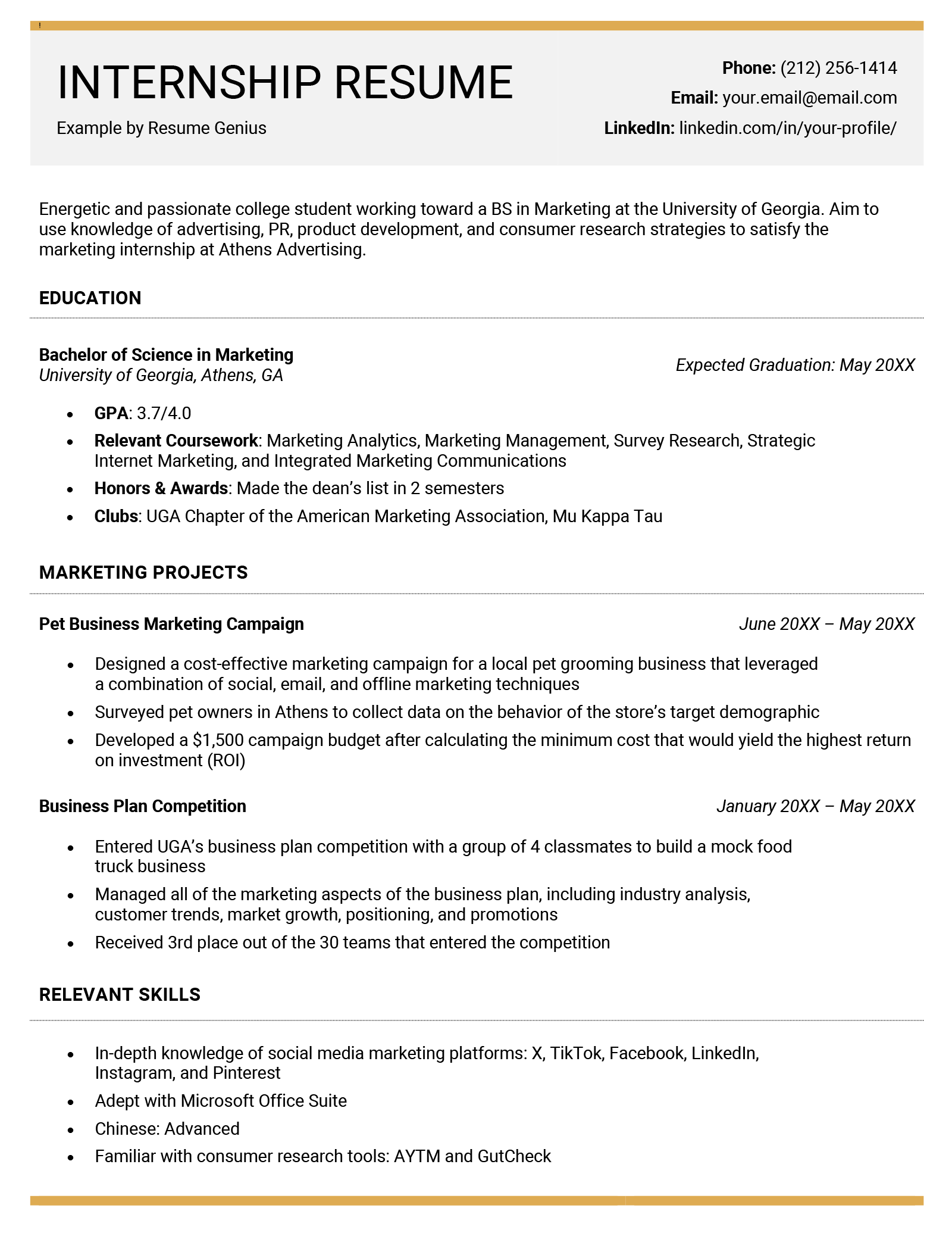 An image of an internship resume example