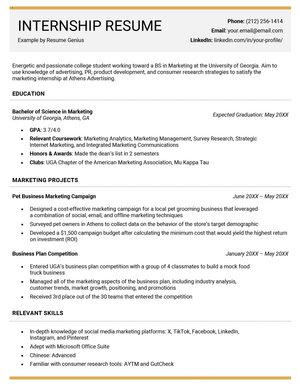 An image of an internship resume example