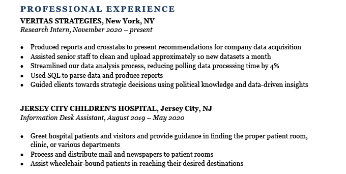 An example of internship experience listed in the right section of a resume