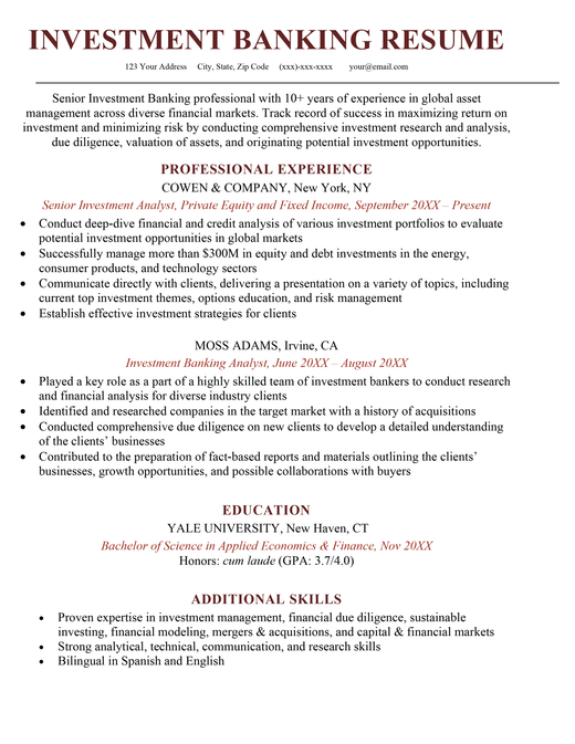 An investment banking resume sample