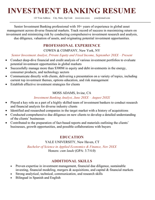 An investment banking resume sample