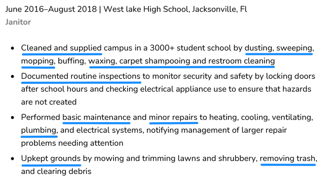 Example of how to tailor a janitor resume job description. 