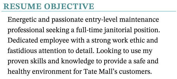 A janitor resume objective example with a teal header