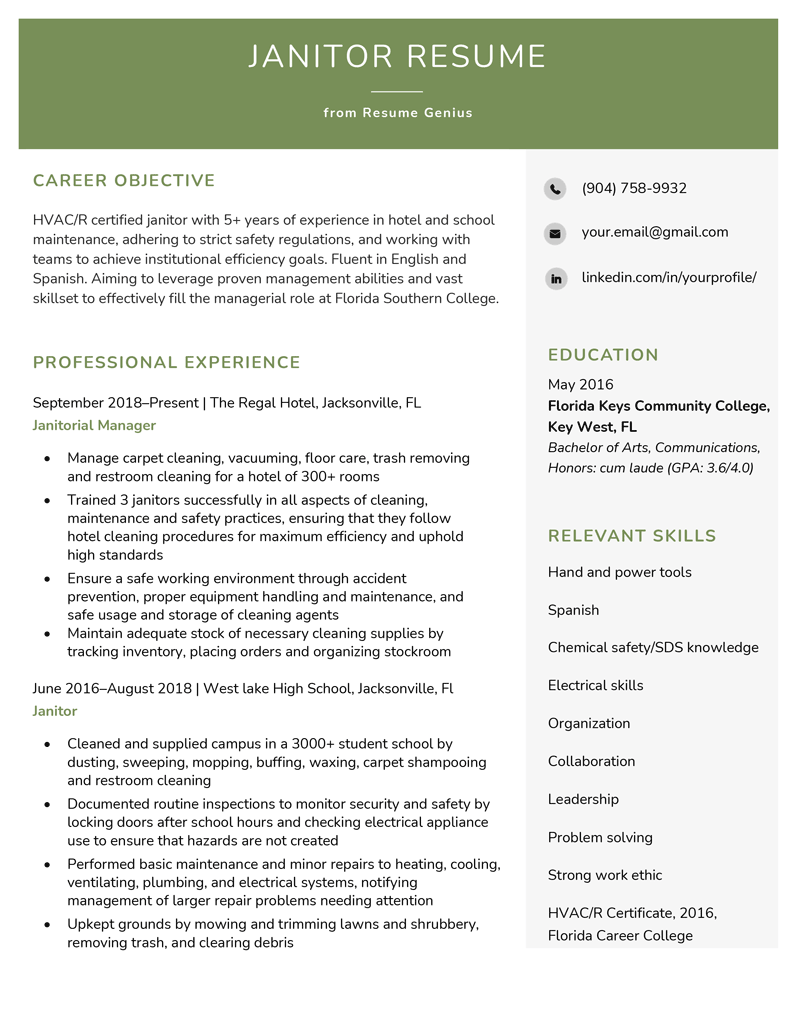 Example of a janitor resume.