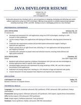 Example of a Java developer resume using the Chicago template in dark blue, with a large technical skills section at the bottom.