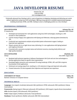 Example of a Java developer resume using the Chicago template in dark blue, with a large technical skills section at the bottom.