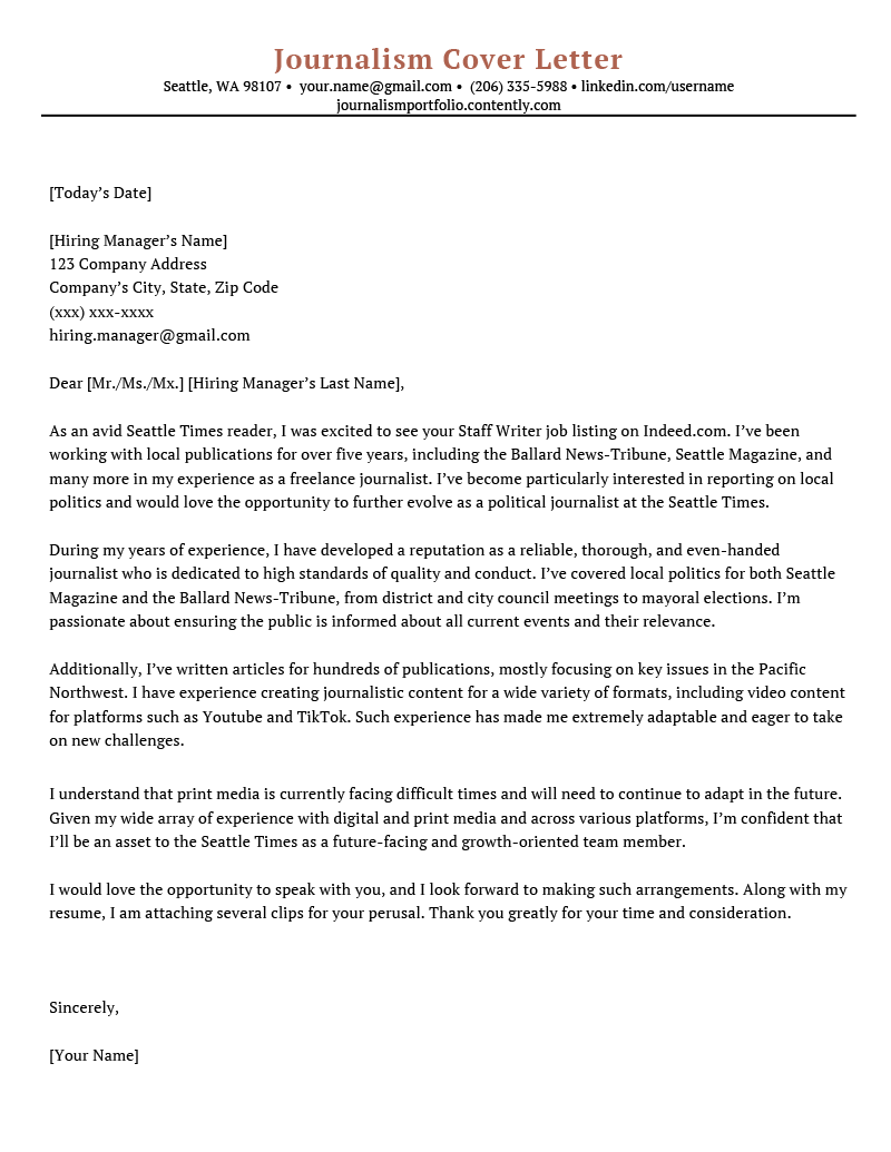 A journalism cover letter example