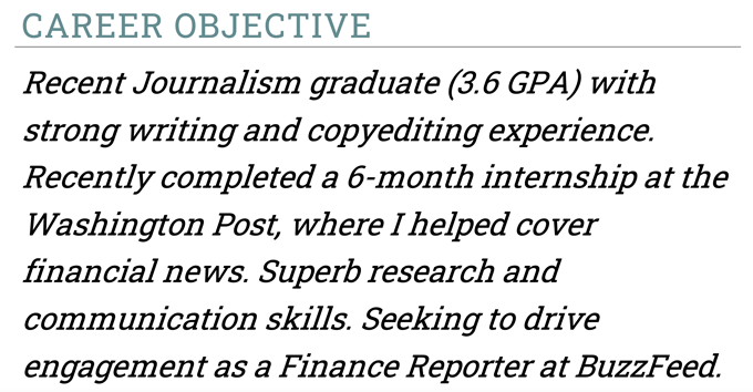 A journalist resume objective example with a teal header and four sentences set in italics