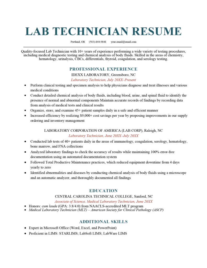 resume format for fresher lab technician