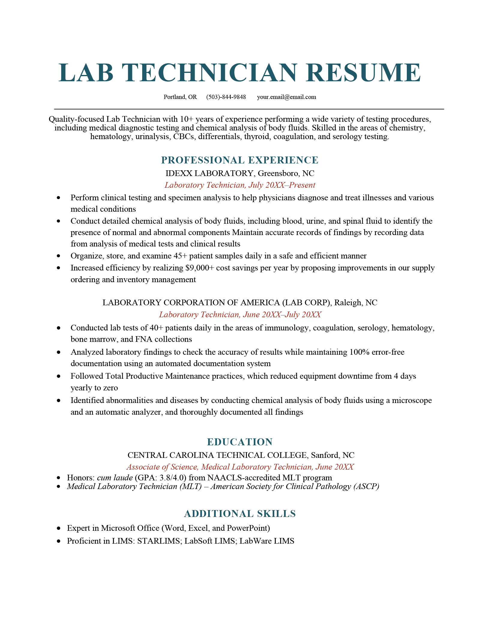 simple resume format for lab technician