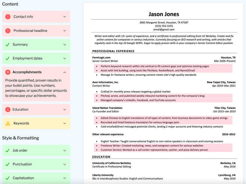 A screenshot of Ladders' free resume review results