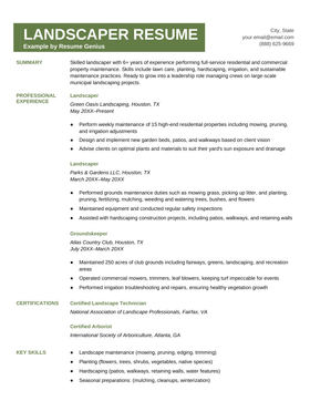 An example template for a landscaping resume.