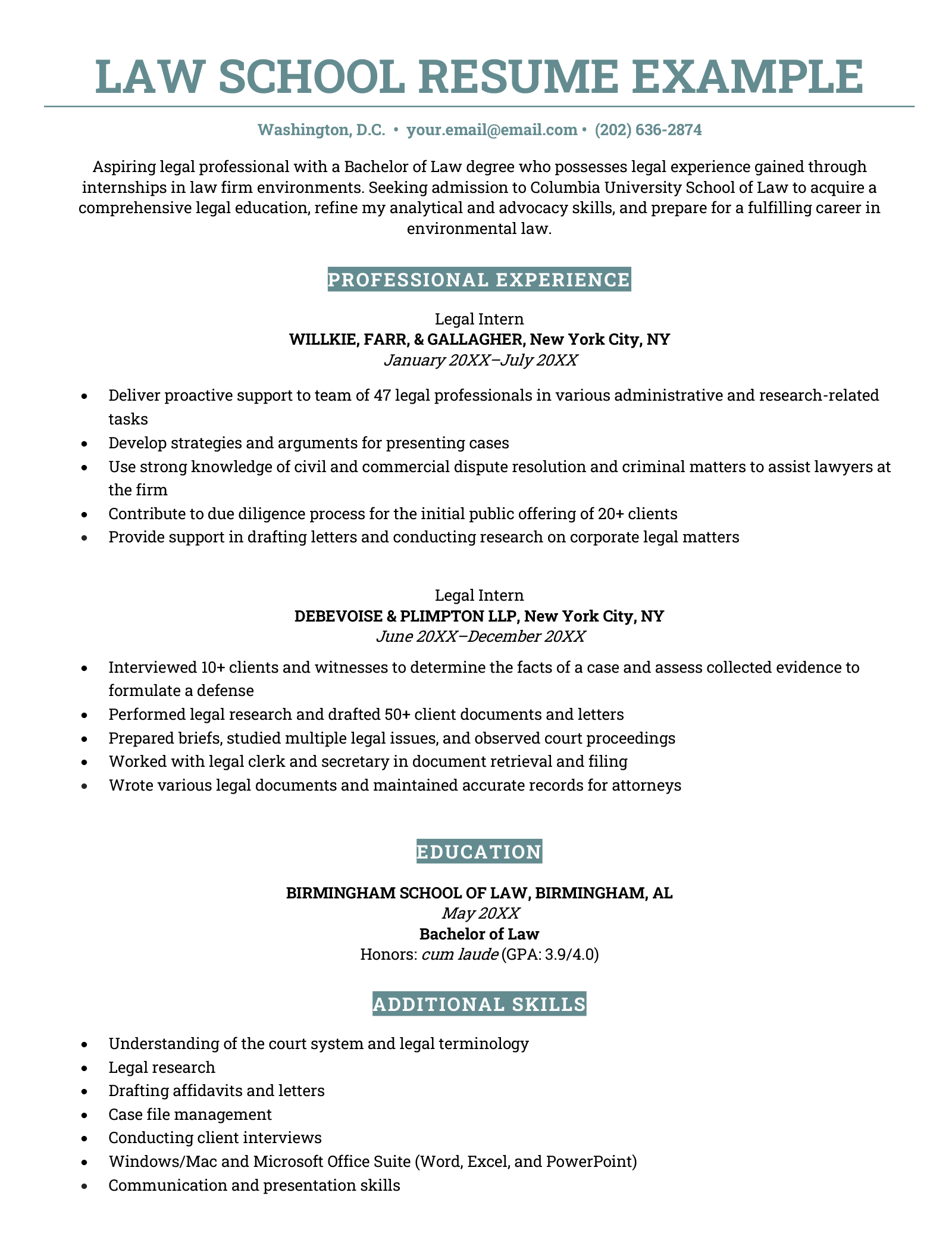 A law school resume example