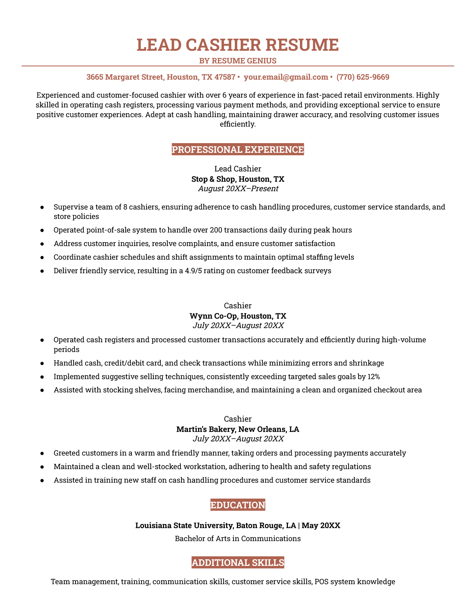 An example of a resume for a lead cashier.