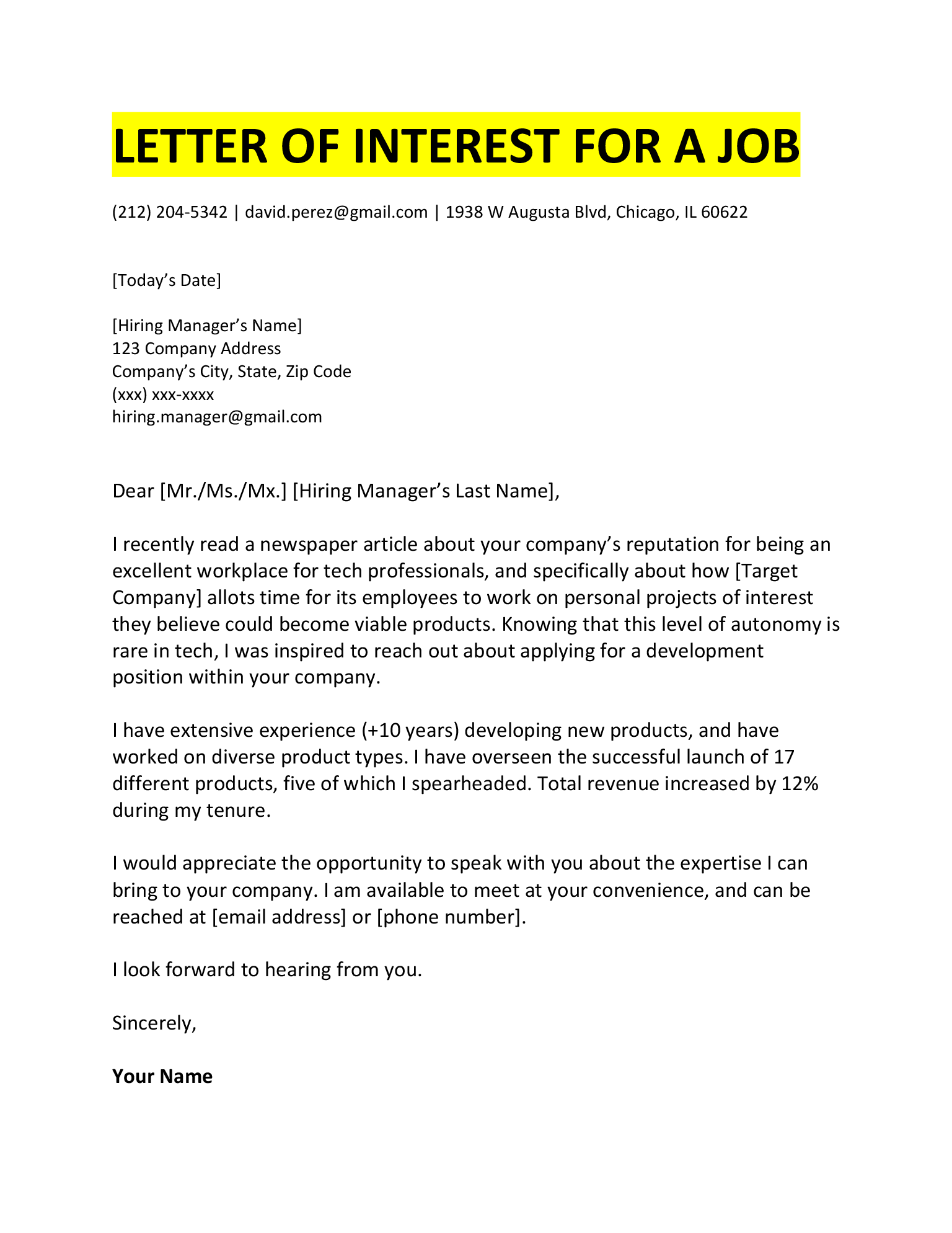 Example of a letter of interest for a job.