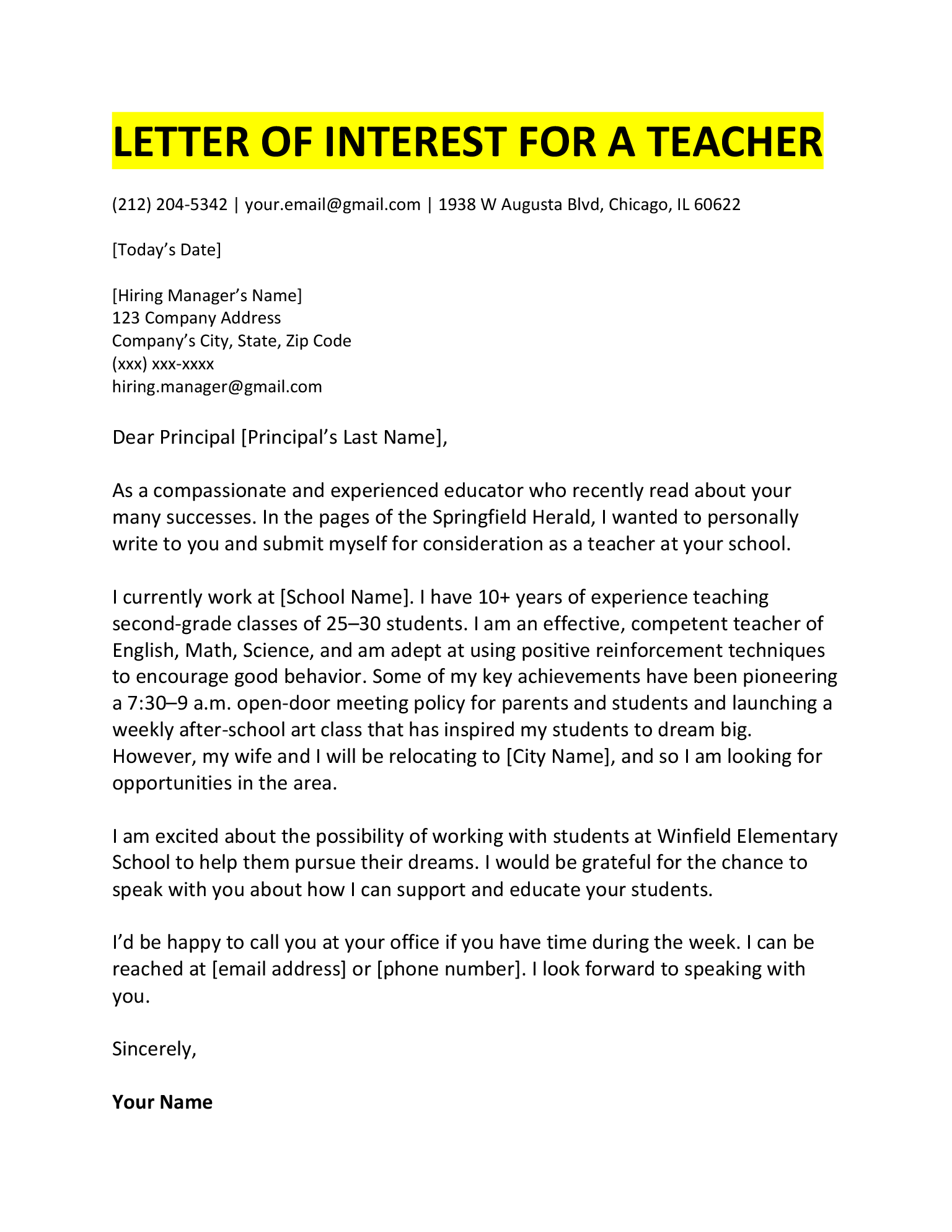 Example of a letter of interest for a teacher.