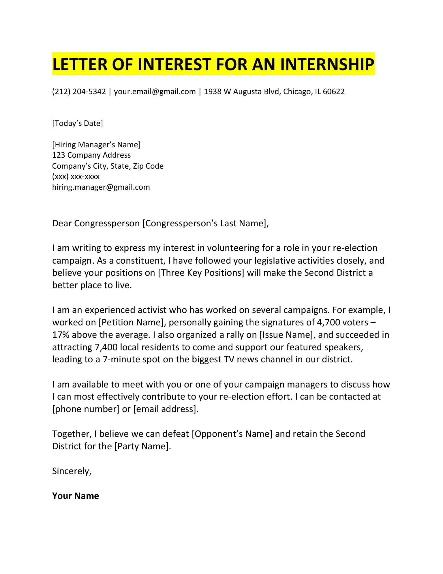 Example of a letter of interest for an internship.