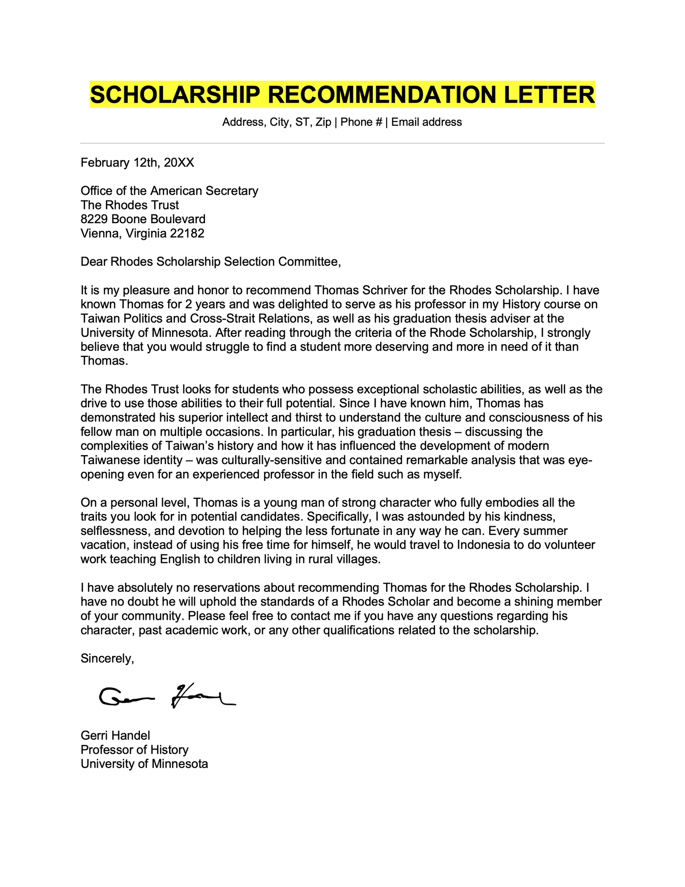 An example letter of recommendation for a scholarship.