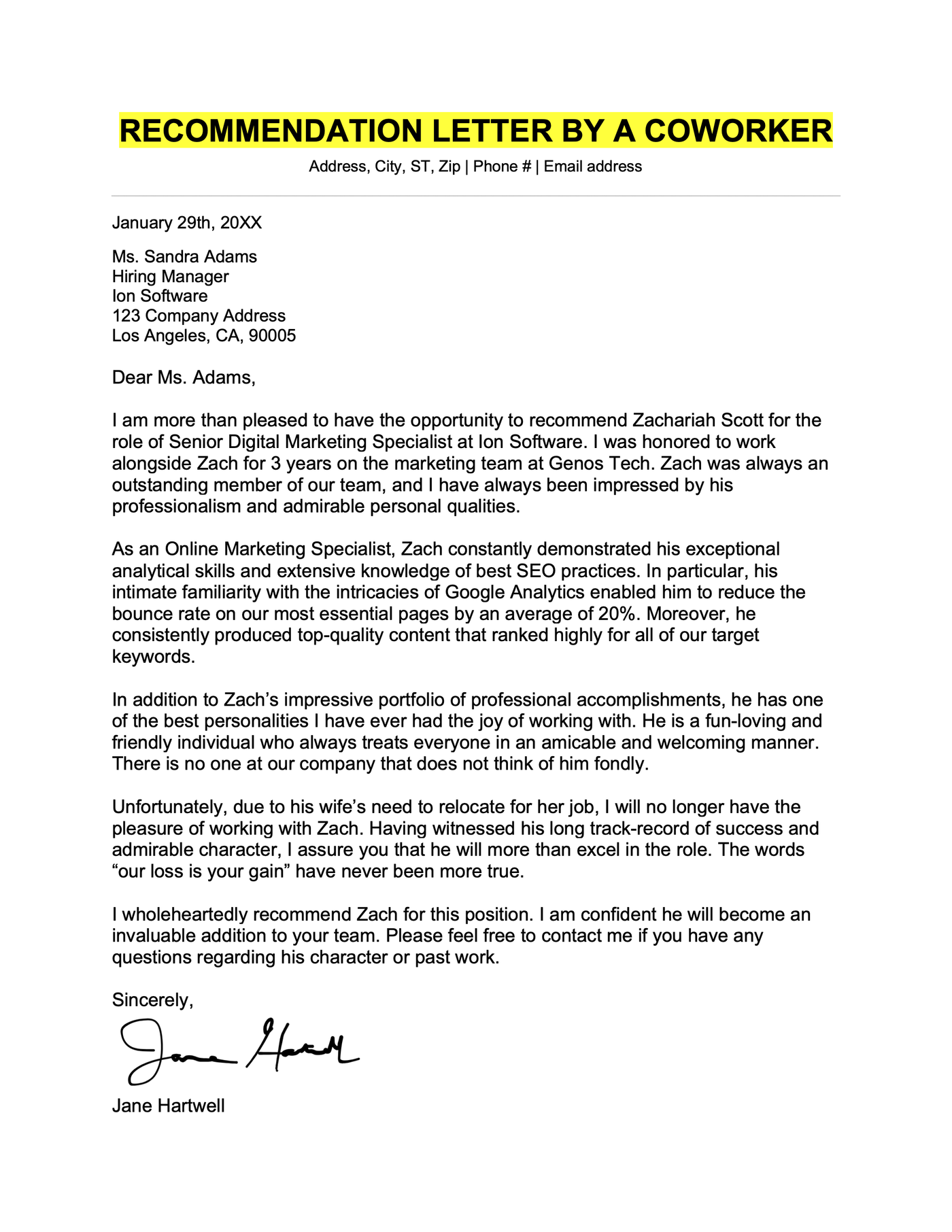 An example letter of recommendation written by a coworker.