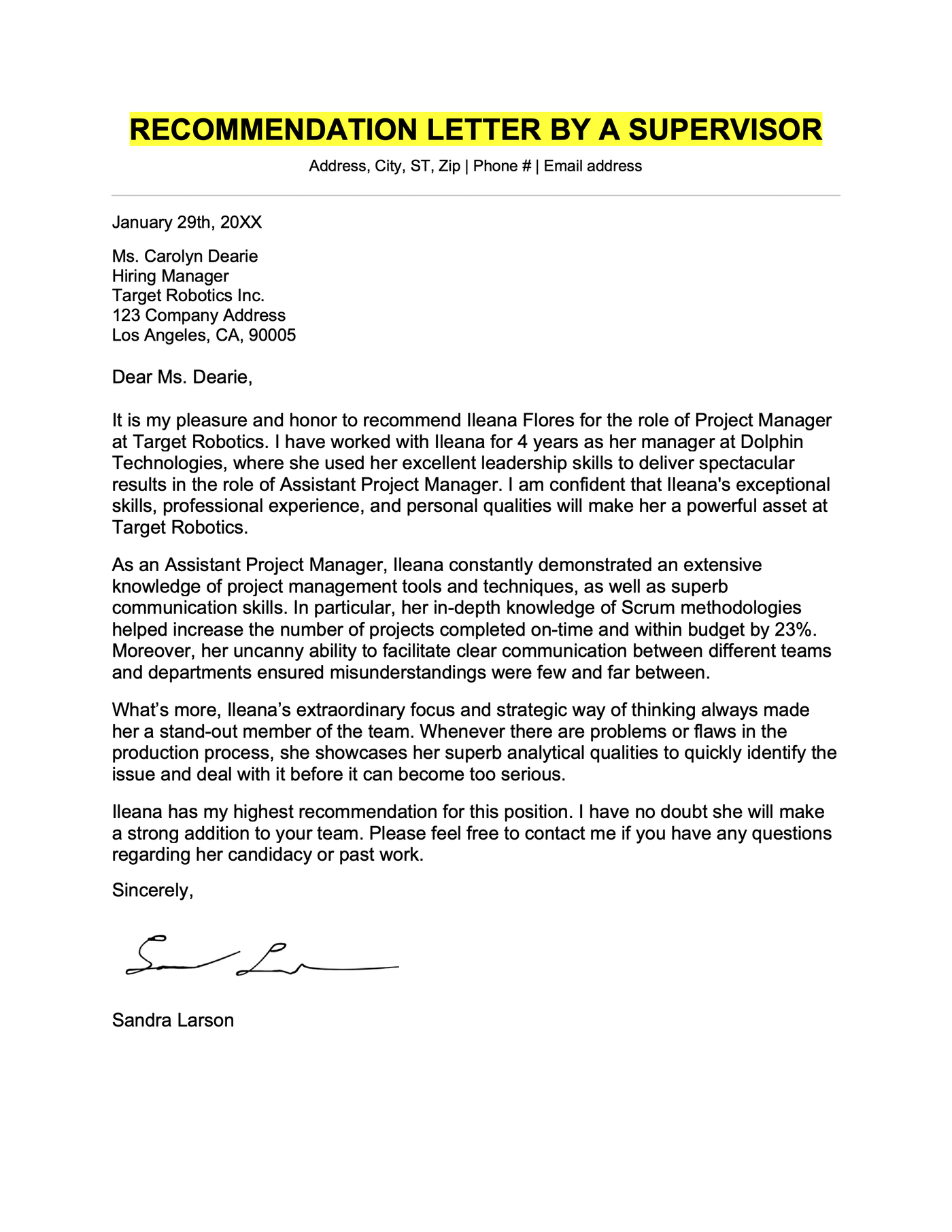 An example letter of recommendation written by a manager.