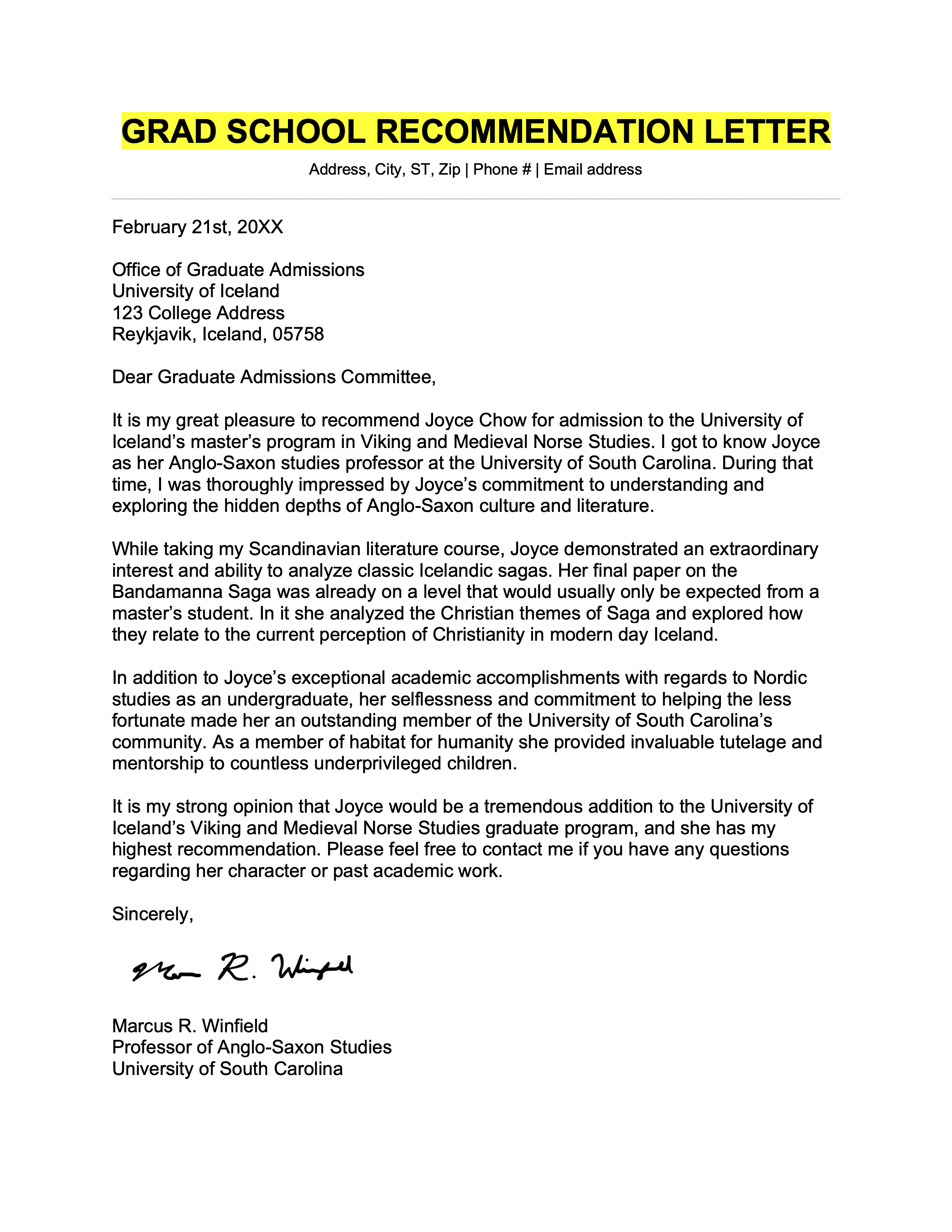 Letter Of Reference Format How - Letter Of Recommendation Sample For Grad School