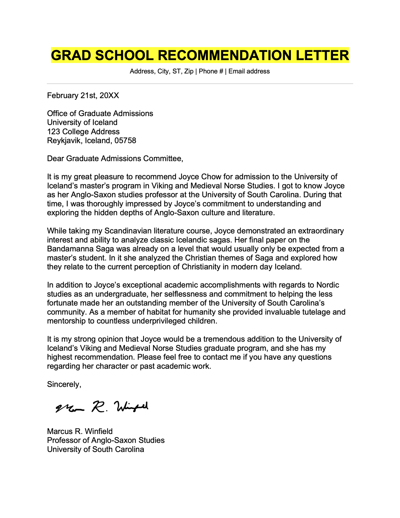 An example letter of recommendation for graduate school.