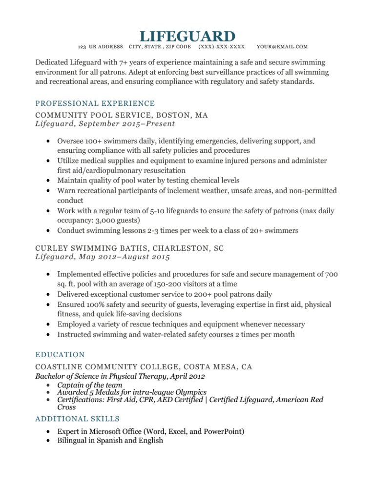 summary for resume examples lifeguard
