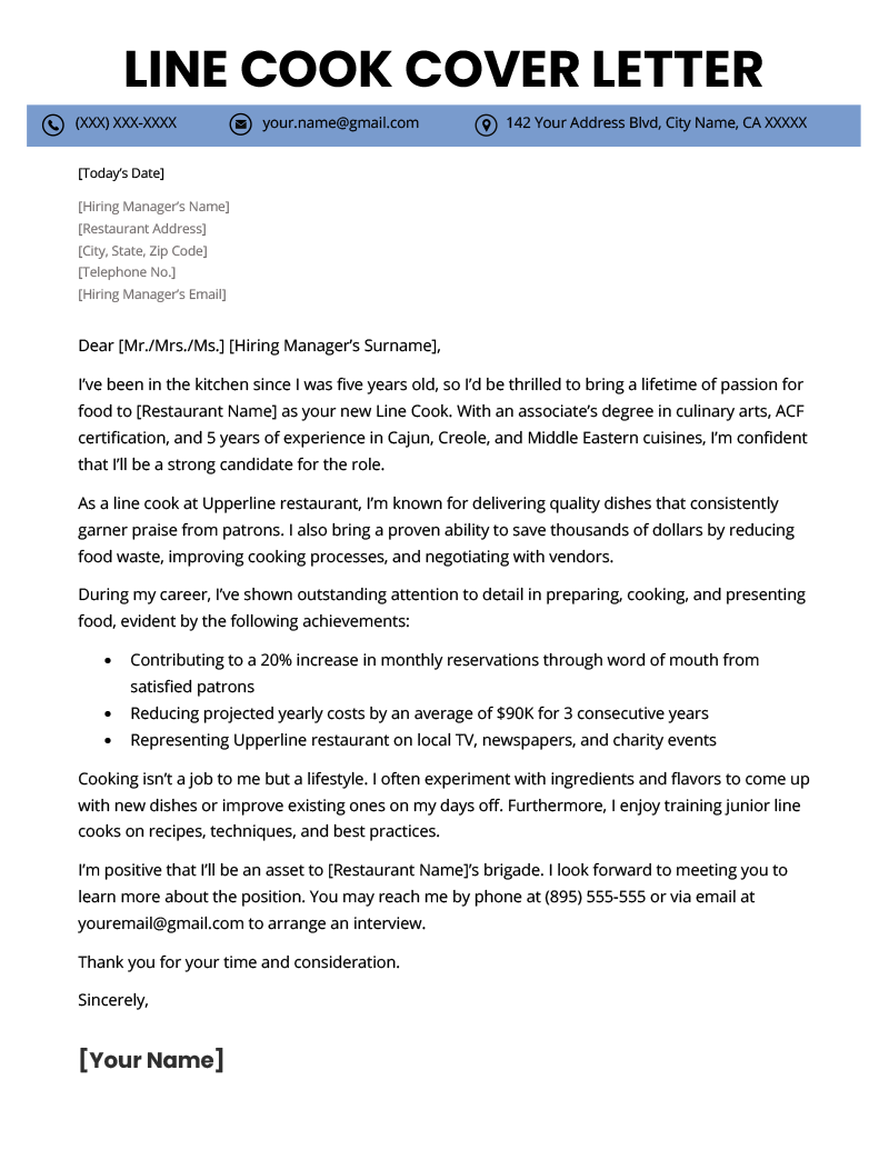 cover letter for cook template