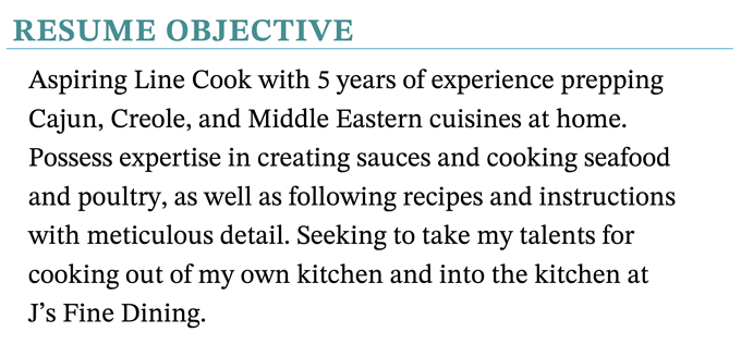 A line cook resume objective example with a teal header