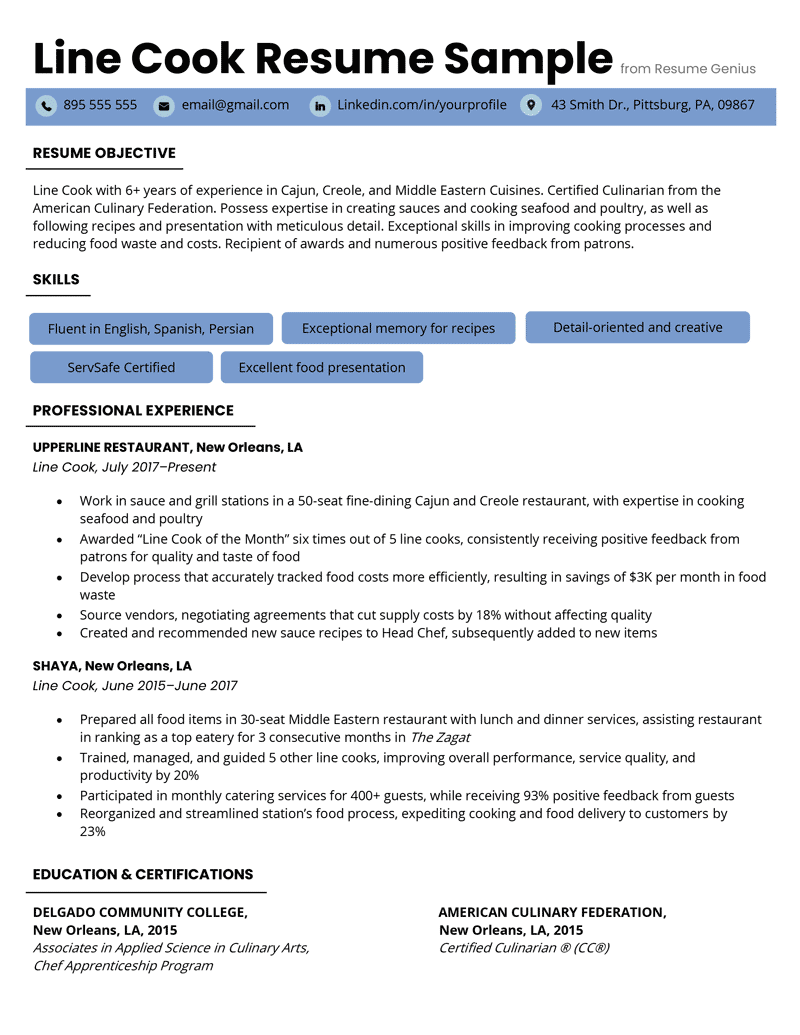 A line cook resume sample with blue highlights to make the applicant stand out