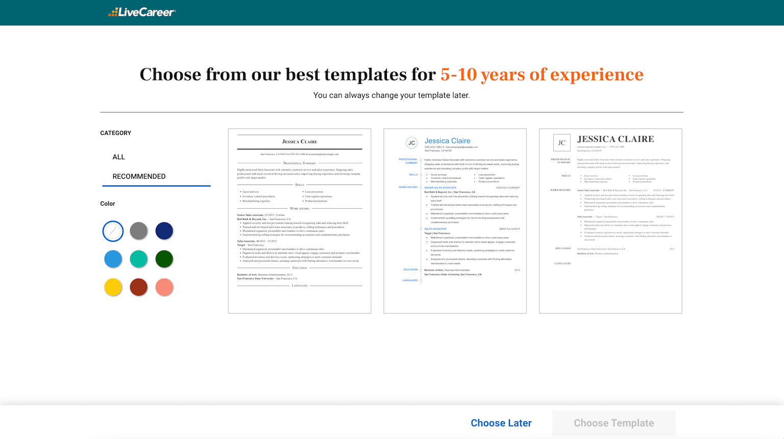An example of LiveCareer's resume builder website