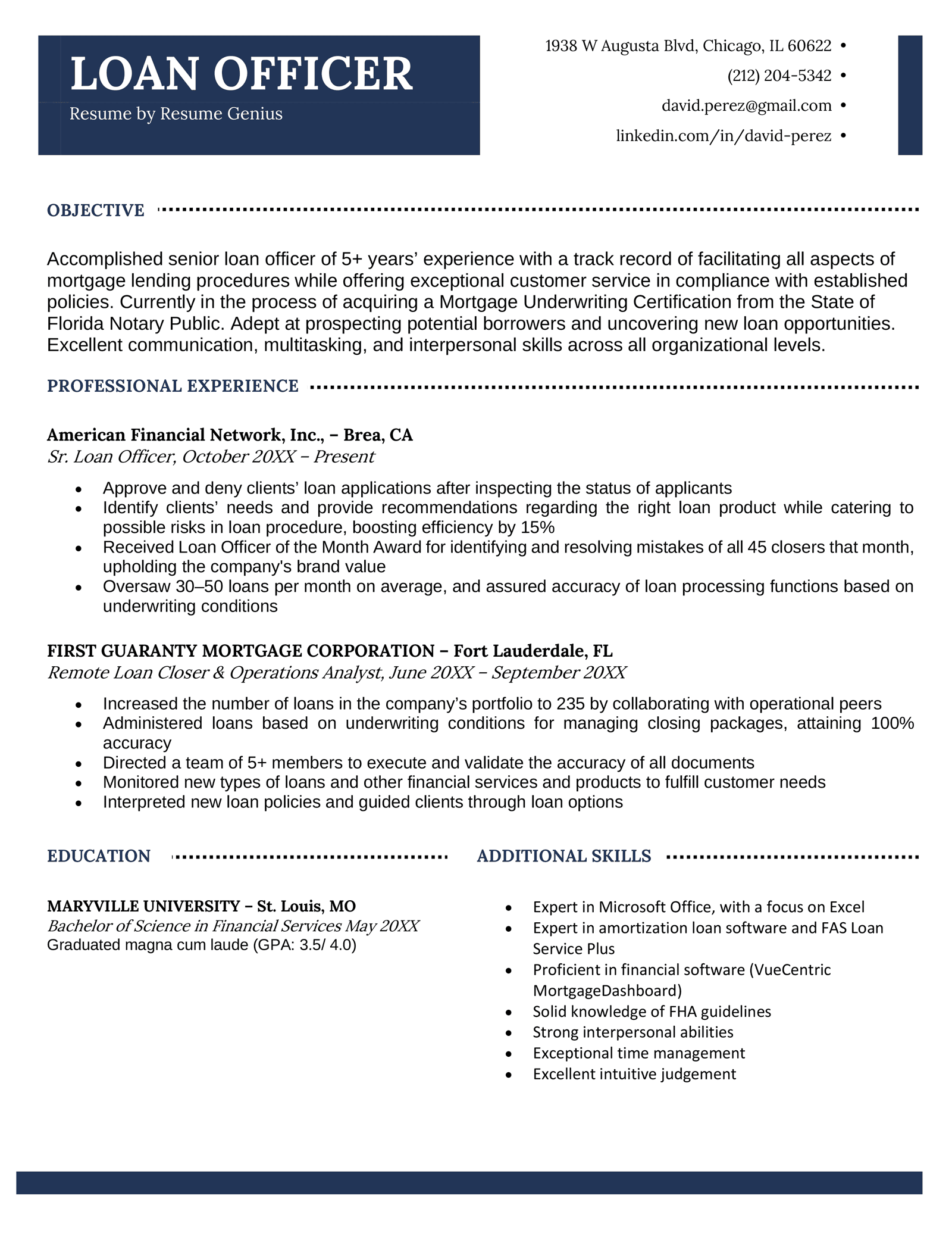 resume sample for loan officer