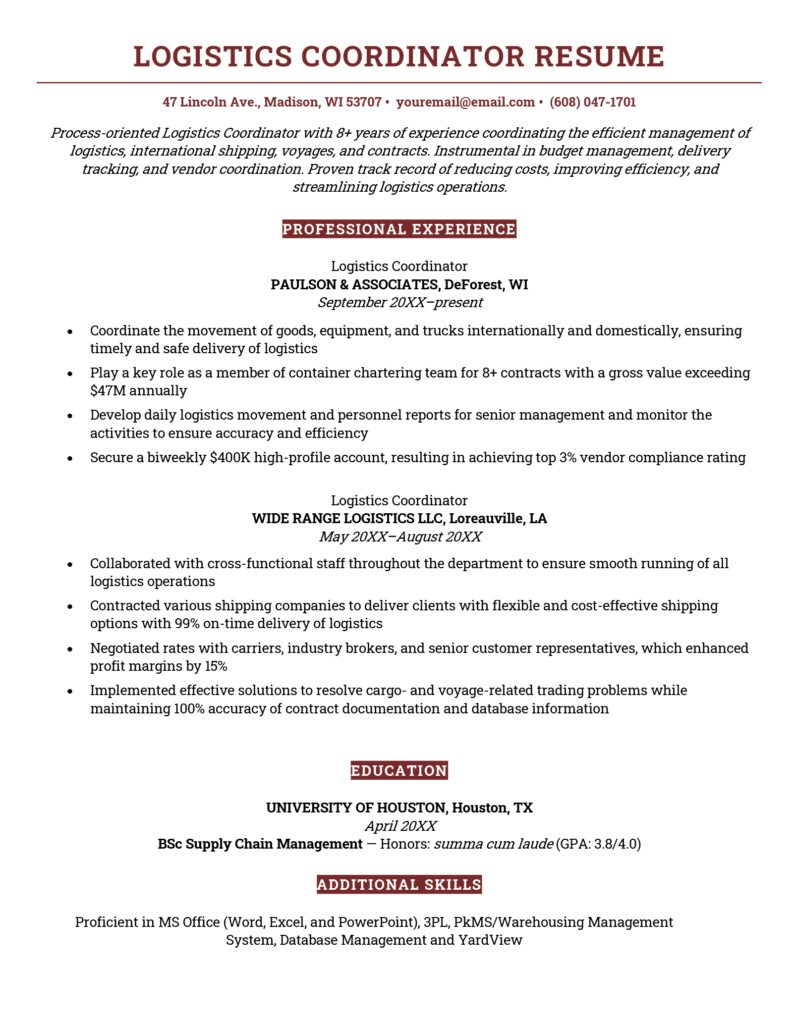 A Logistics Coordinator Resume Sample Template with a brown or maroon color scheme.