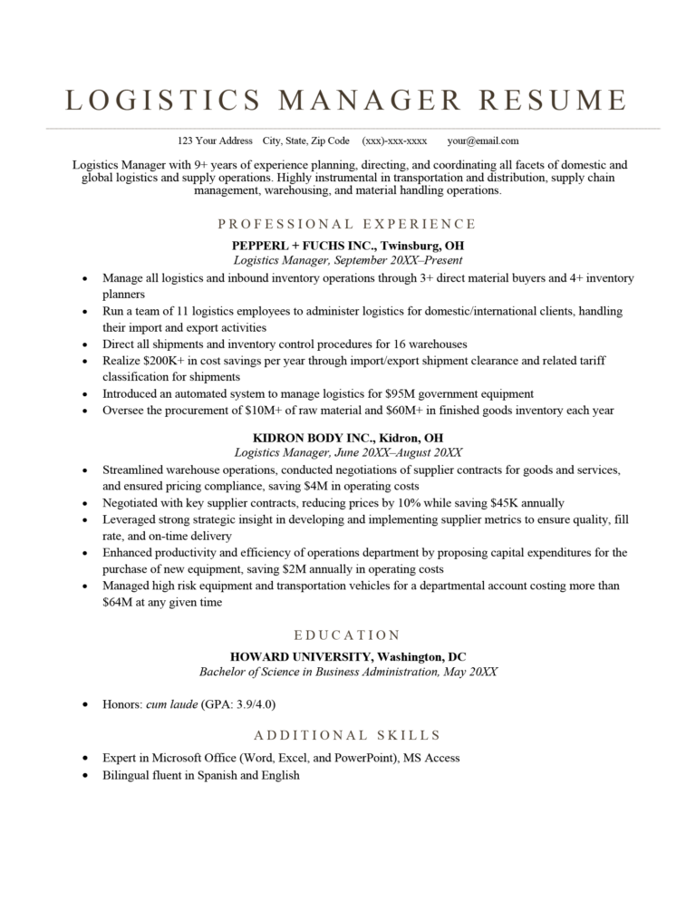 what is a good summary for a resume for logistics