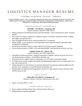Logistics Manager Resume Sample